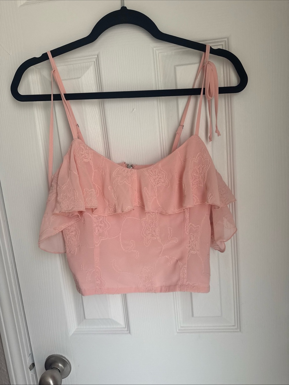 Guess Blush Pink Ruffle Floral Embroidered Crop Top